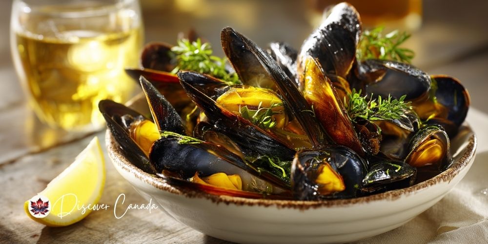 Steaming PEI mussels served with LaCadie-Blanc wine, the perfect PEI mussels wine pairing.