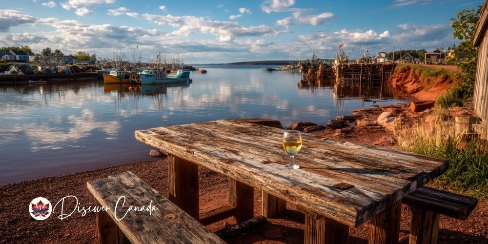 Prince Edward Island coastline with a glass of LaCadie-Blanc wine, highlighting the PEI mussels wine pairing.