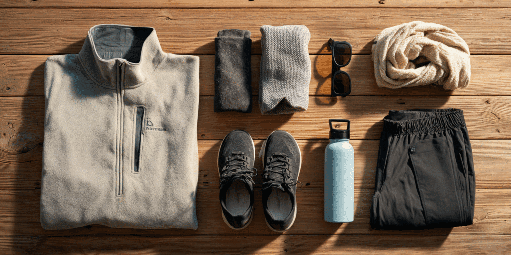 Outdoor clothing and gear neatly arranged on a wooden surface: a beige fleece pullover, two rolled towels, sunglasses, scarf, black athletic pants, gray hiking shoes, and a reusable water bottle—an ideal packing list for British Columbia.